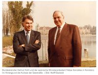 Besuch aus Spanien, März 1990: der spanische Ministerpräsident Felipe Gonzales mit Bundeskanzler Helmut Kohl auf der Terrasse des Inselhotels.